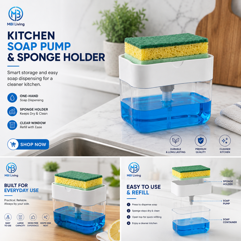 Kitchen Soap Pump & Sponge Holder – 2-in-1 Dish Soap Dispenser